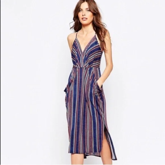 BCBGeneration | Dresses | Bcbgeneration Striped Midi Dress Draped Pockets  Sleeveless Vneck Pullon Sz L | Poshmark